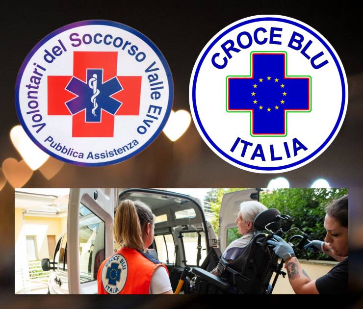 Collage che mostra i due loghi dell'associazione: il logo precedente P.A. Volontari del Soccorso Valle Elvo e il logo attuale Croce Blu Italia.
